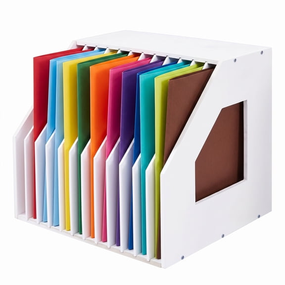 12-Tier Desktop File Organizer, PVC-Wood Composite Paper Shelf with 12 Slots for A4 and 12x12 Scrapbook Paper, Dual-Orientation Document Storage Rack for Home, School and Office