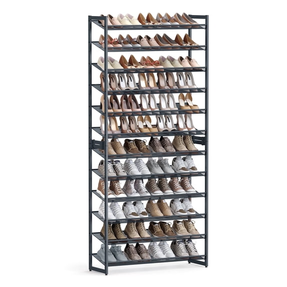 12-Tier Metal Shoe Rack Organizer, Stackable Shoe Storage for Closet, Entryway, Garage Slanted Shelves, Holds 48-60 Pairs, Grey