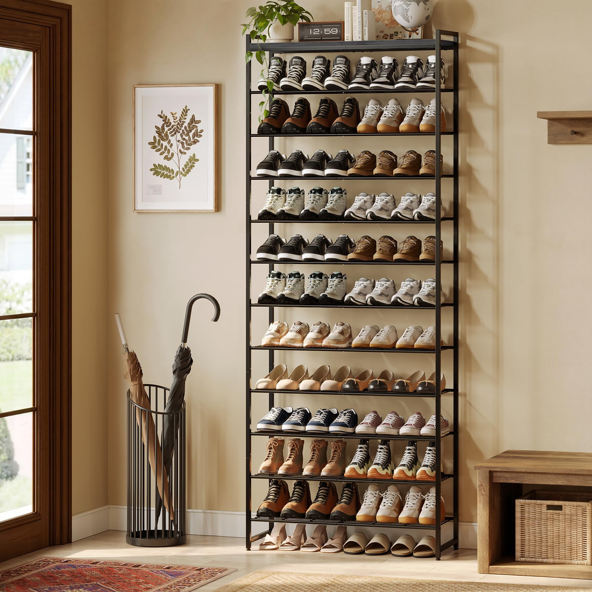 12-Tier Metal Shoe Storage Rack with Wood Top, Shoe Organizer for 48-60