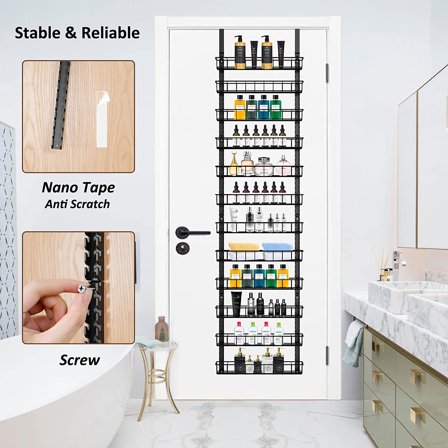 12 Tier Over-the-Door Organizer Rack, Black Adjustable Spice Rack with Dual Hanging or Wall-Mount Use, Space-Saving Pantry Door Storage for Kitchen