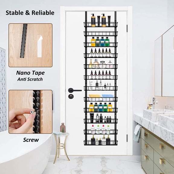 12 Tier Over-the-Door Organizer Rack, Black Adjustable Spice Rack with Dual Hanging or Wall-Mount Use, Space-Saving Pantry Door Storage for Kitchen