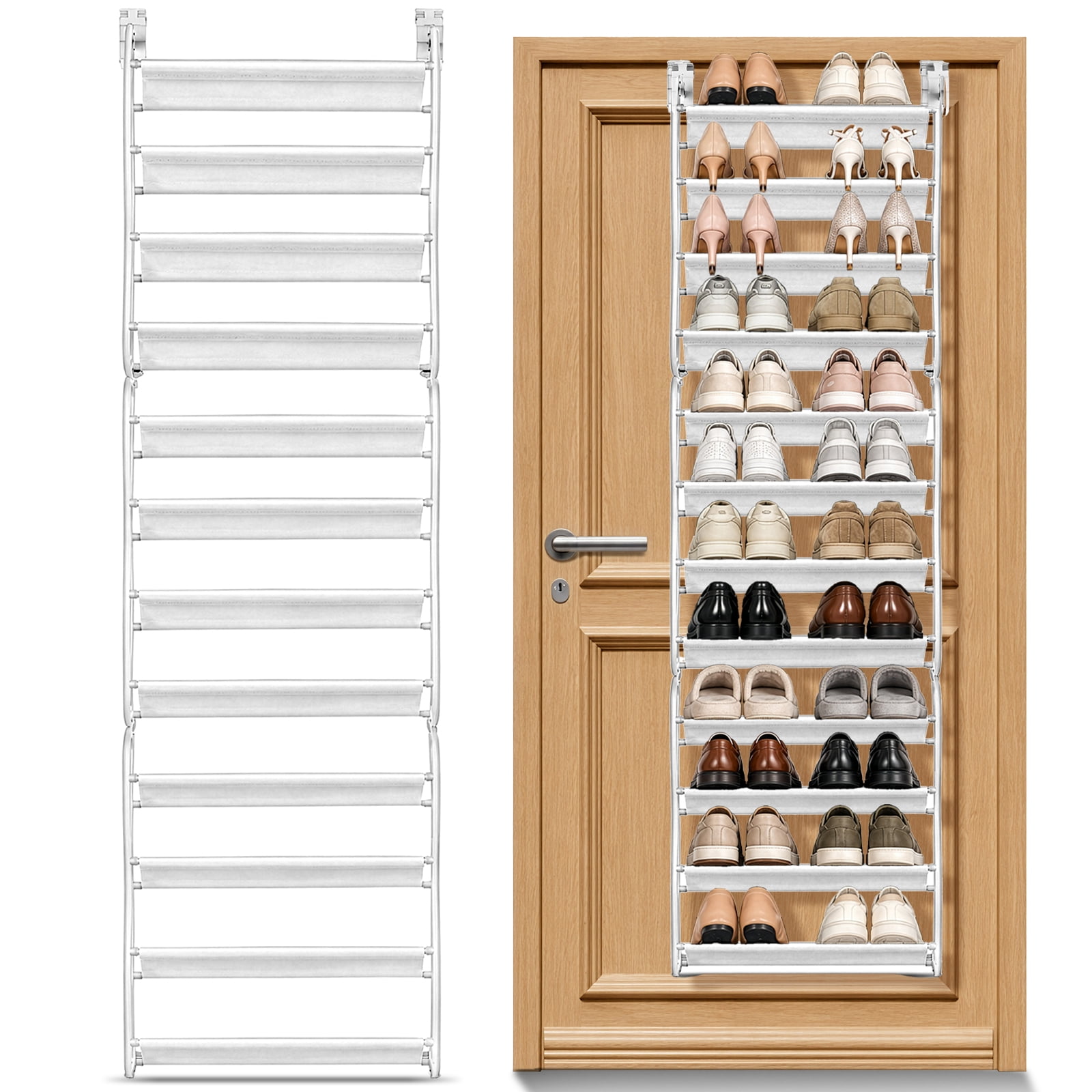 12-Tier Over-the-Door Shoe Rack with Non-Woven Fabric Dividers, White, 19.68 x 6.69 x 71.26 in