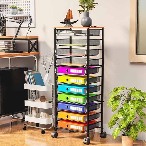 12-Tier Rolling File Cart, Desk File Organizer with 11 Mesh Sliding Trays, Letter & Legal Paper Storage Rolling Utility Cart for Office Home School, Black