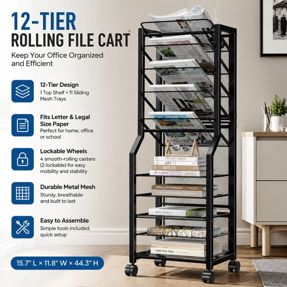 12 Tier Rolling File Cart with Sliding Trays, Metal Mesh Desk Organizer for Paper and Letter Storage, Multipurpose Mobile Office and Home File Organizer, Black