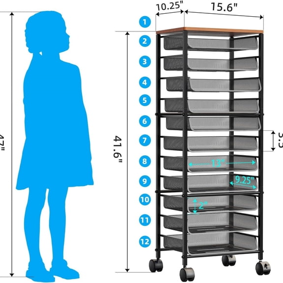 12 Tier Rolling File Cart,Wood Desk File Organizer with Sliding Trays and Wetal Mesh Paper Letter Storage Multi-Functional Rolling Clutter Cart for Office, Home, School, Black