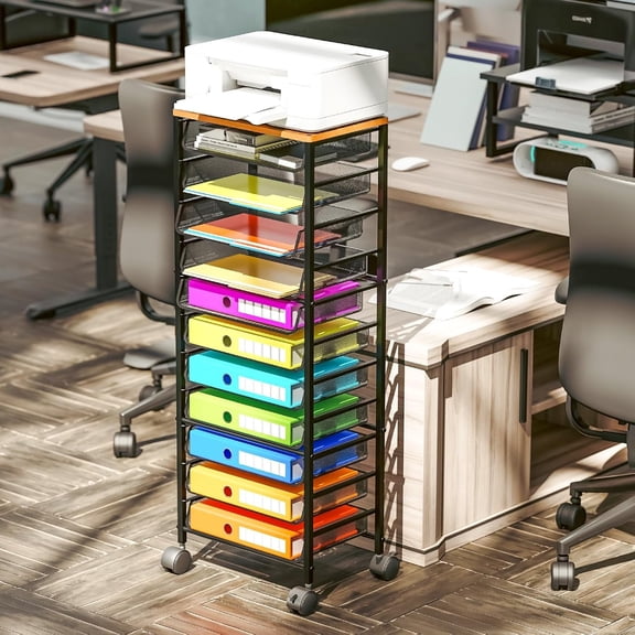 12 Tier Rolling File Cart,Wood Desk File Organizer with Sliding Trays and Wetal Mesh Paper Letter Storage Multi-Functional Rolling Clutter Cart for Office, Home, School, Black