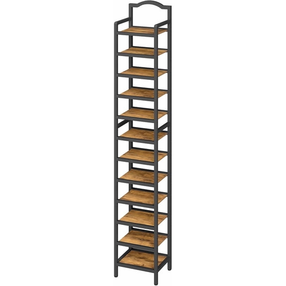 12-Tier Tall Shoe Rack, Vertical Shoe Organizer for Small Spaces, Wooden Shoe Shelf for Entryway, Space Saving Shoe Storage, Holds 12 Pairs of Shoes, Rustic Brown and Black SS52BR