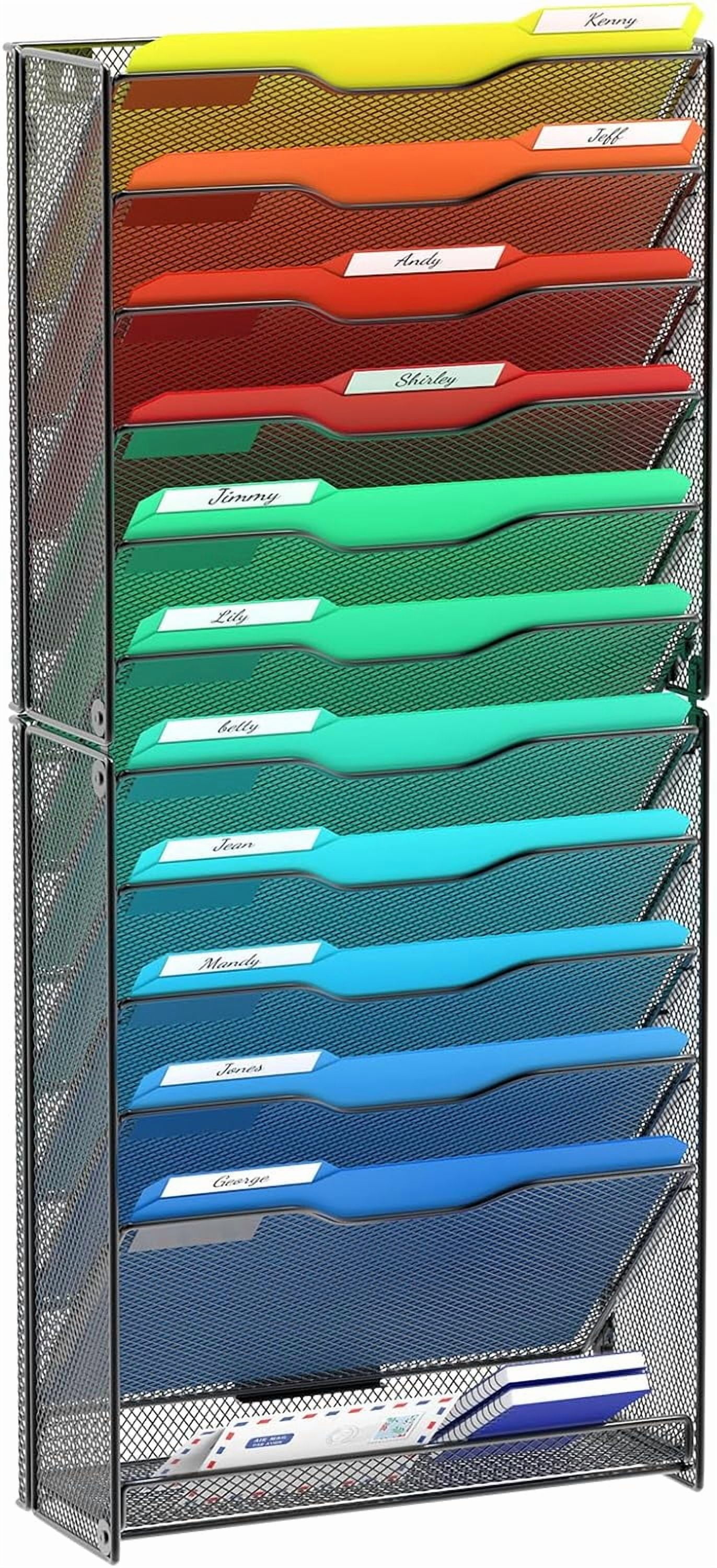 12 Tier Wall File Organizer, Hanging Wall Mount File Holder Paper Folder Mail Organizer, Mesh Metal, Black.