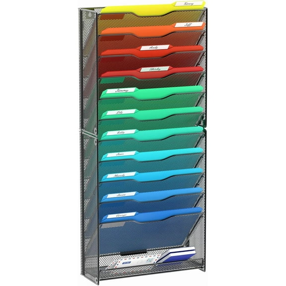 12 Tier Wall File Organizer, Hanging Wall Mount File Holder Paper Folder Mail Organizer, Mesh Metal, Black.