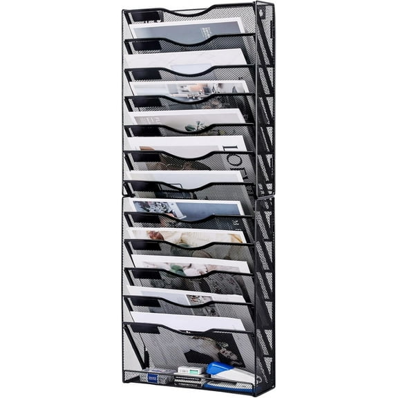 12-Tier Wall File Organizer, Mesh Mail Organizer Wall Mounted Paper Document Holder, Vertical Magazine Rack, Metal Hanging Clipboard Storage Basket for Office Home School Organization, Black