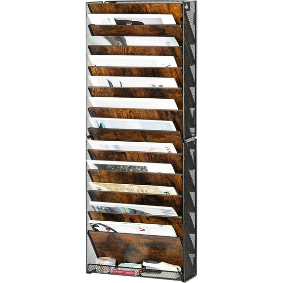 12-Tier Wall File Organizer, Wood Mail Organizer Wall Mounted Paper Document Magazine Holder, Hanging Clipboard Storage Basket with Tray for Office Home School Organization, Black/Antique
