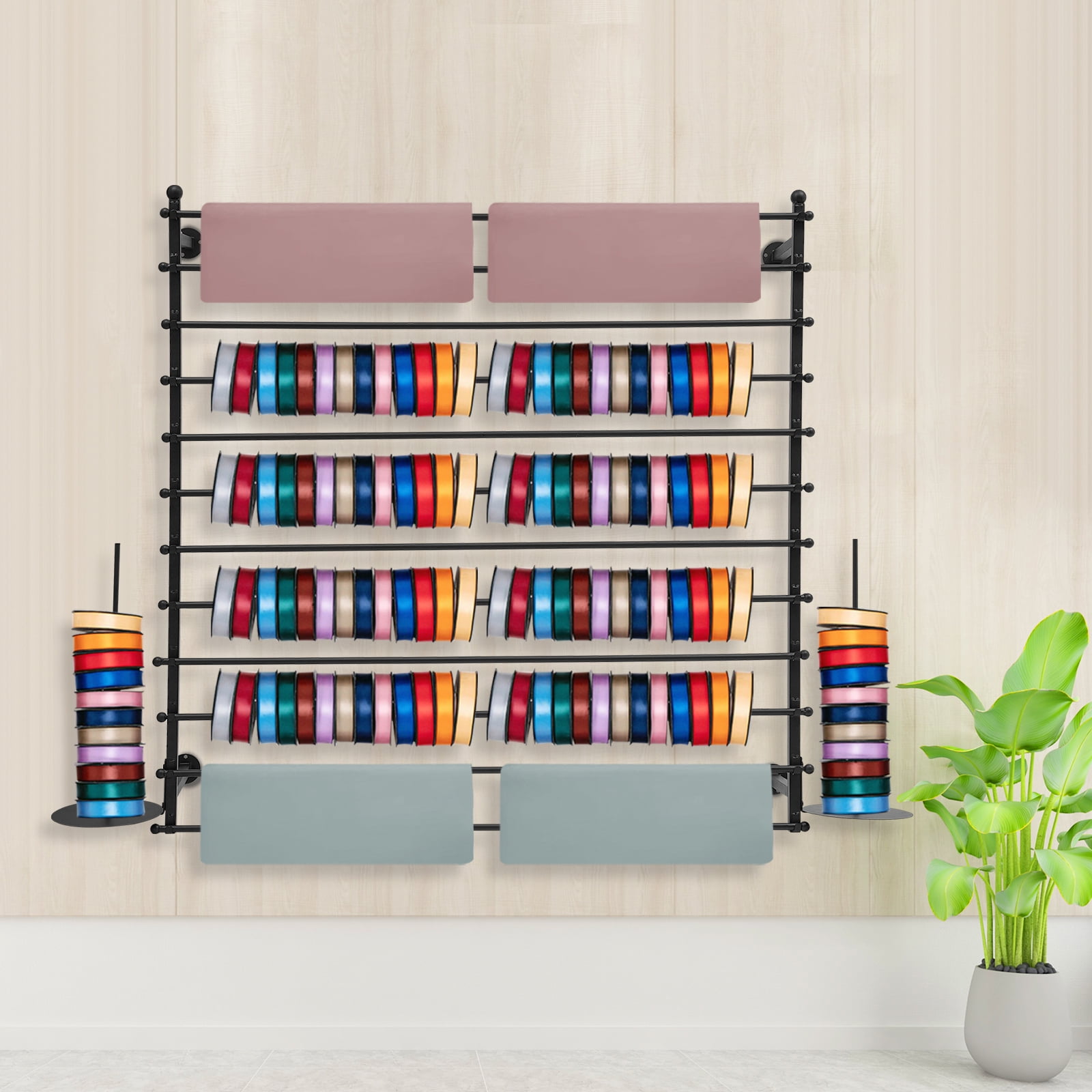 12 Tier Wall Mounted Ribbon Rack for Craft Room Ribbon Organizer Rack Wrapping Paper Ribbon Holder Organizer Rack for Craft Room, Cake Shop, Flower Shop Black