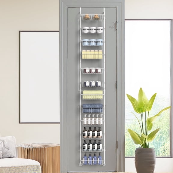 12-Tier White Over The Door Organizer with Baskets, Adjustable Hooks Heavy Duty Metal Storage Rack for Pantry, Bathroom, Closet