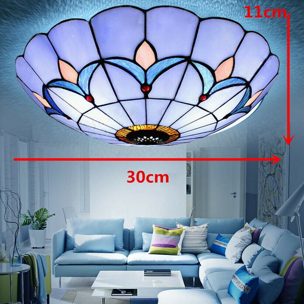 12"Tiffany Style Stained Glass Flush Mount Vintage Ceiling Light Lamp Fixture