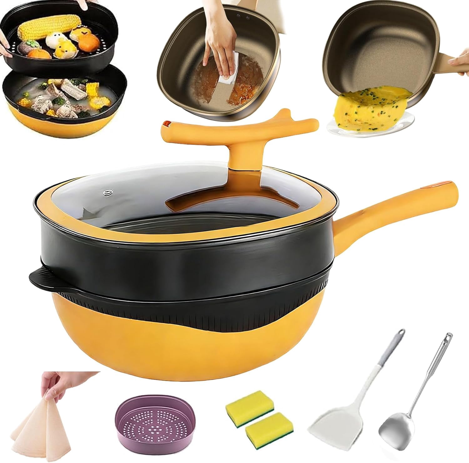 12 In Titanium Alloy Non Stick Pot Sets, Multipurpose Deep Saute Titanium Frying Pan, Ergonomic Stay-Cool Handle, for Cooking Frying Stewing Induction & Gas Stove Compatible (Yellow)