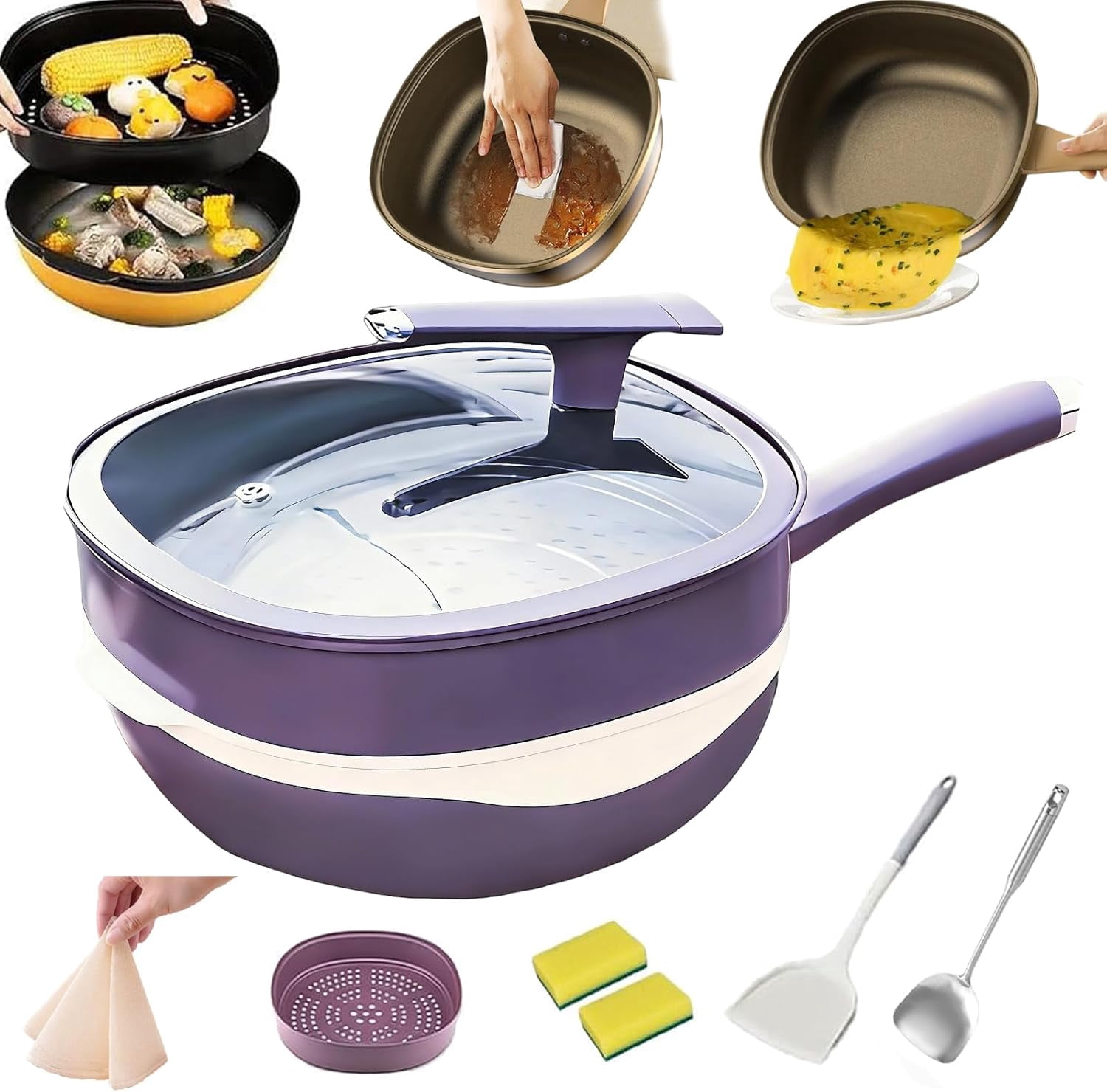 12 In Titanium Alloy Non Stick Pot Sets, Multipurpose Deep Saute Titanium Frying Pan, Ergonomic Stay-Cool Handle, for Cooking Frying Stewing Induction & Gas Stove Compatible (Purple)