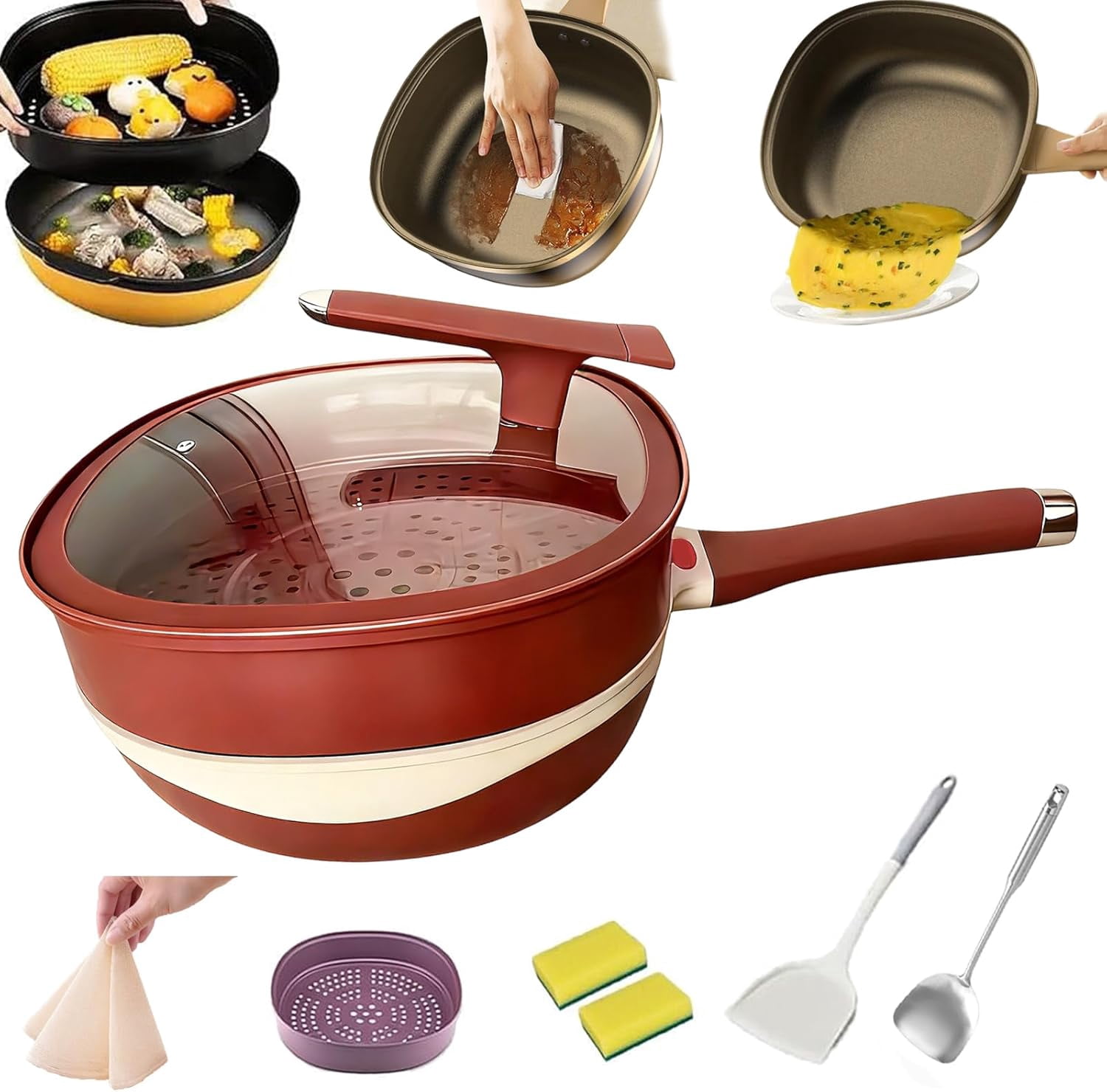 12 In Titanium Alloy Non Stick Pot Sets, Multipurpose Deep Saute Titanium Frying Pan, Ergonomic Stay-Cool Handle, for Cooking Frying Stewing Induction & Gas Stove Compatible (Red)
