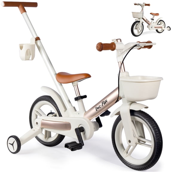 12" Toddler Tricycle with Push Handle, 6 in 1 Toddler Balance Bike with Detachable Pedals, Brake & Baskets -Brown