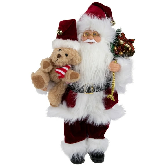 12" Traditional Standing Santa Claus Christmas Figure with Teddy Bear and Gift Bag