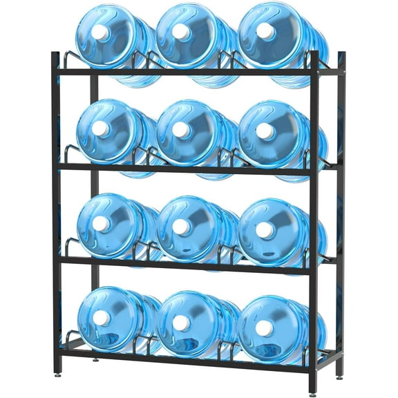 12-Tray Water Jug Rack, Storage 5 Gallon Water Cooler Bottle Holder Stand, 4-Tier 5 Gal Water Bottle Organizer for , Office, Kitchen, Warehouse, Black