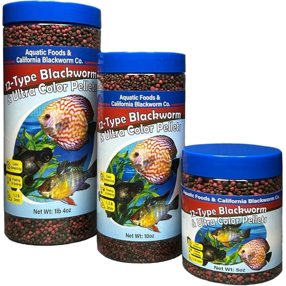 12-Type 1mm, 2mm, 3mm Floating & Sinking Blackworm & Coloring Pellets for All Tropicals, Koi and Pond Fish, Wafer Mix Included 1-lb 4oz Canister