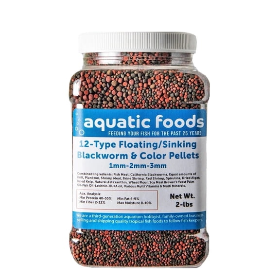 12-Type Floating & Sinking Blackworm & Intense Coloring 1mm, 2mm, 3mm Pellets for Discus, Cichlids, All Tropicals, Koi and Pond Fish...2-lb Med Jar