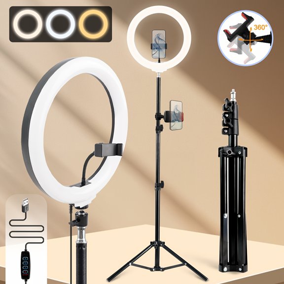 12" USB LED Ring Light with Phone Clamp and 110Cm Tripod Stand, Lightweight Portable Circle Podcast Lighting for Makeup, Live Streaming, Photography, Vlogging