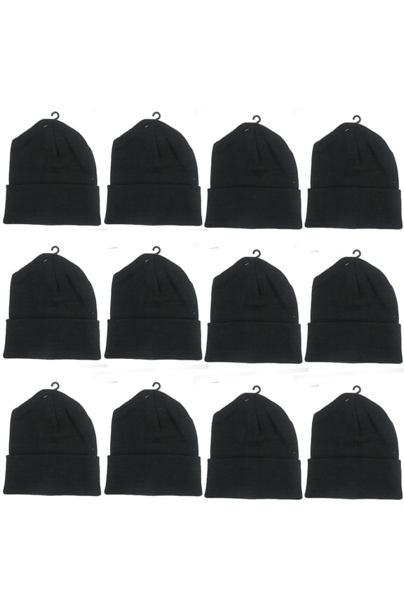 12 Unisex Plain Beanie Knit Ski Cap Skull Hat Warm Solid Winter Cuff Black New !