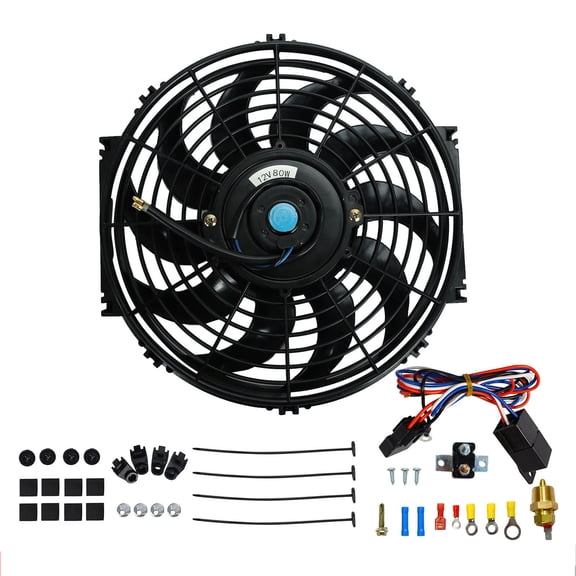 12" Universal Slim Pull Radiator Fan High 800 CFM with 3/8" 175-185 Temperature Engine Electric Fan Thermostat Wiring Switch Relay Sensor Kit