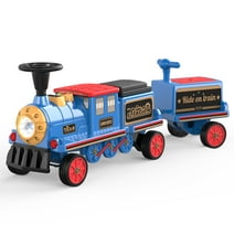 12 V Powered Ride on Car for Boys Girls, 2 Seater Ride on Train Locomotive and 1 Seater Train Carriage W/ Rubber Wheels, Storage Box-Blue