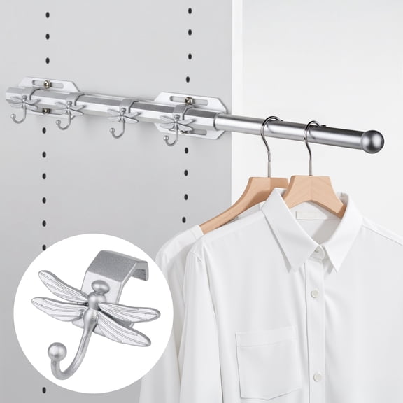 12" Valet Rod for Closet Pull Out with 4 Dragonfly-shaped Hooks, Silver
