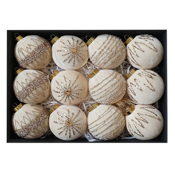 12 Velvet Christmas Tree Ornaments 8Cm Flocked Holiday Decorative Balls Set