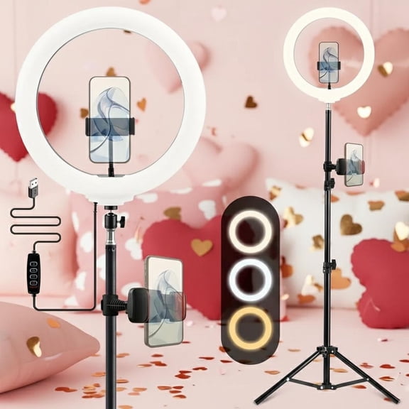 12'' Video Light with 63'' Extendable Tripod Stand - Ring Light with Phone Holder for Live Stream/Makeup/YouTube/TikTok - Compatible with All Phones - New Year's & Valentine's Day Party Lights