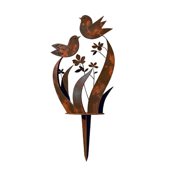 12'' Vintage Bird Wildflower Metal Garden Stake, Decorative Outdoor Plant Stake with Bird and Floral Design for Yard Lawn, Vintage Distressed Iron Ground Stake Yard Decoration,1PC