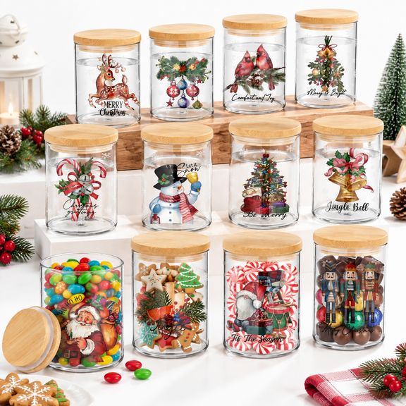 12 Vintage Christmas Glass Food Storage Jars with Airtight Wood Lids