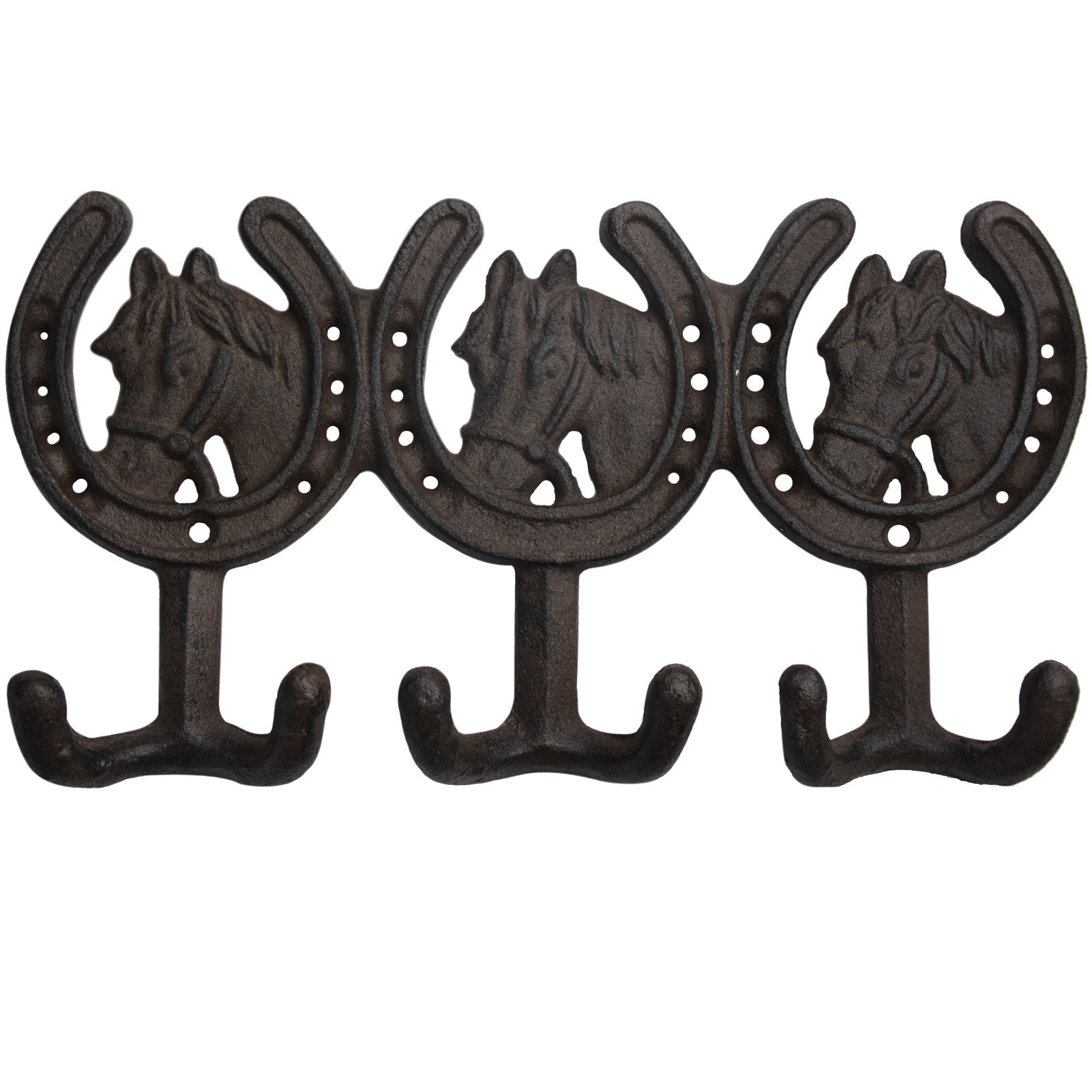 12" Vintage Rustic Cast Iron Coat Hook Rack Triple Horse Key Coat