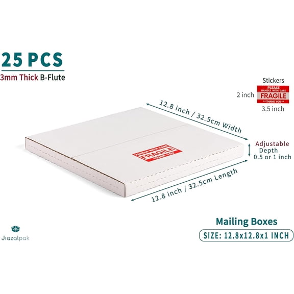 12" Vinyl Record Shipping Boxes, 12.8"L x 12.8"W x 1"H, Easy-Fold, Multi-Depth Albums Mailers with Fragile Stickers, White, 25 Pack
