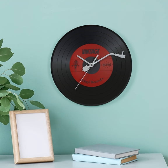 12" Vinyl Record Wall Clock, Battery Operated Music Room Decor, Silent Non-Ticking Black Album Disc Clock Vintage Red Label, Unique Musical Wall Decor Living Room Bedroom Office Art Hanging Clocks