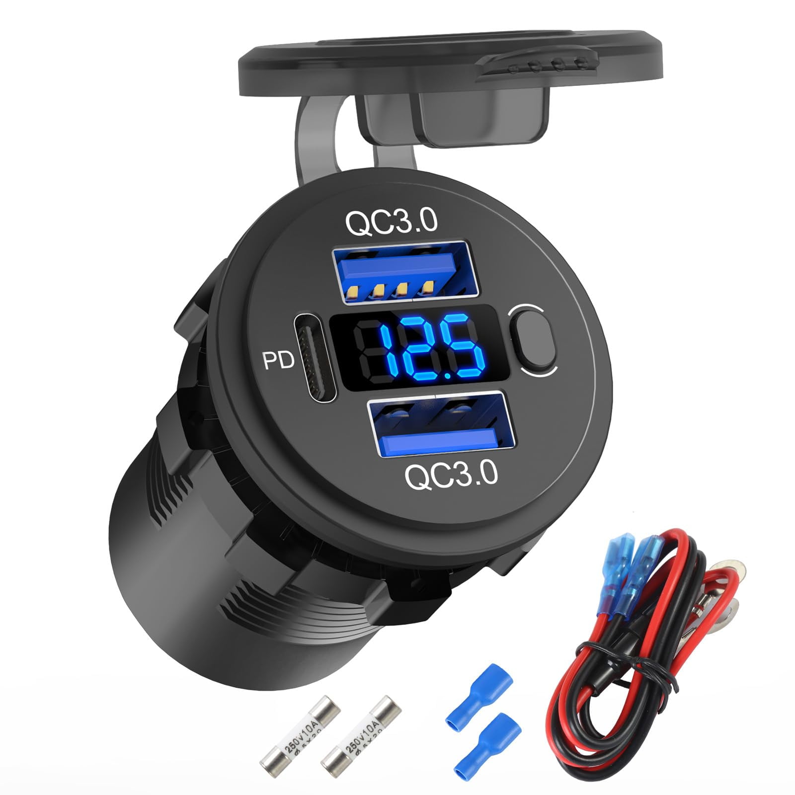12 Volt USB Outlet Dual Quick Charge 3.0 Port and PD3.0 USB C Car