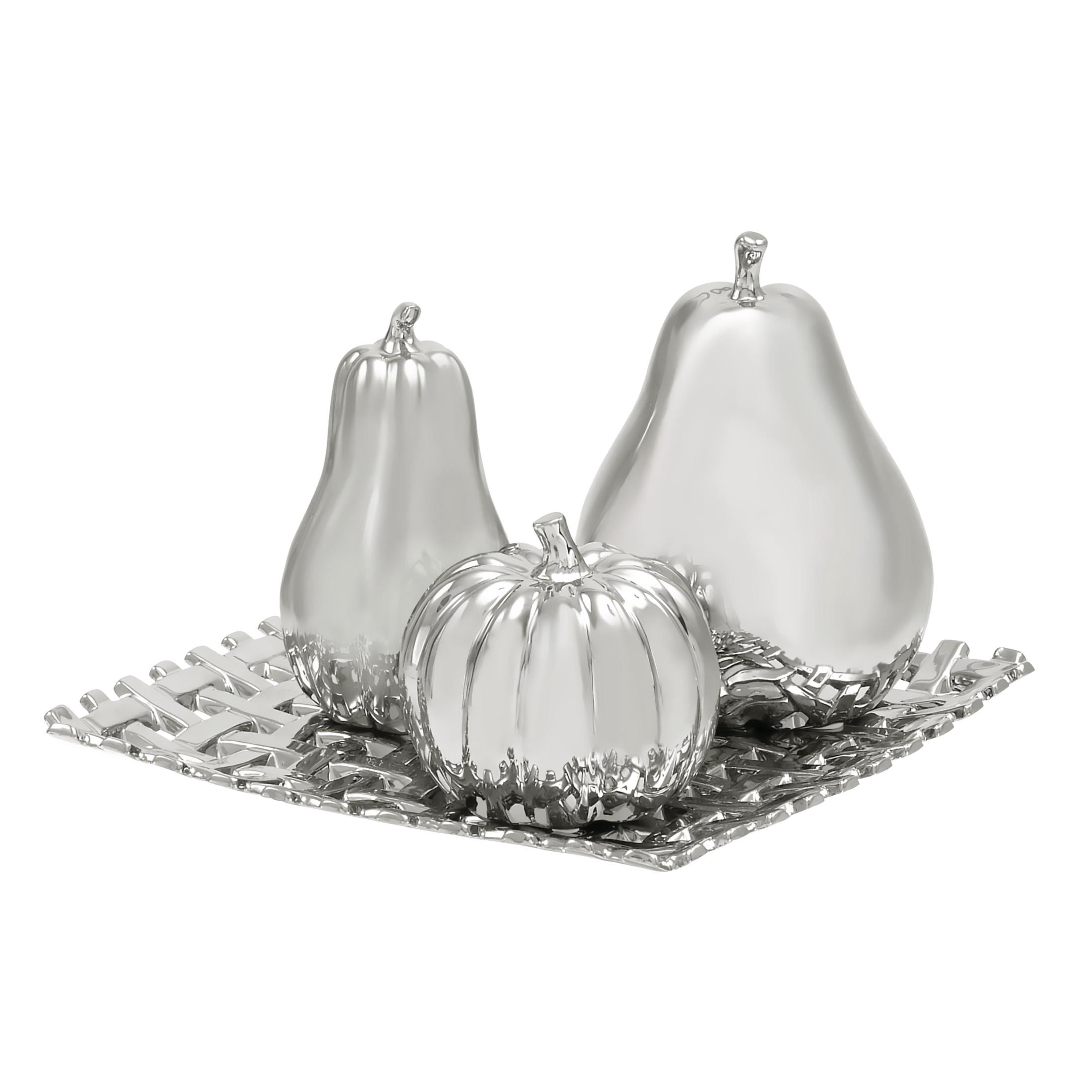 12"W, 9"H Silver Ceramic Pear, Pumpkin, and Squash Fruit Sculpture with Decorative Grid Plate, by DecMode (4 Count)