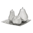 thumbnail image 1 of Silver Ceramic Fruit Pear, Pumpkin, and Squash Decorative Sculpture with Decorative Grid Plate, Set of 4 12"W, 9"H by DecMode, 1 of 17