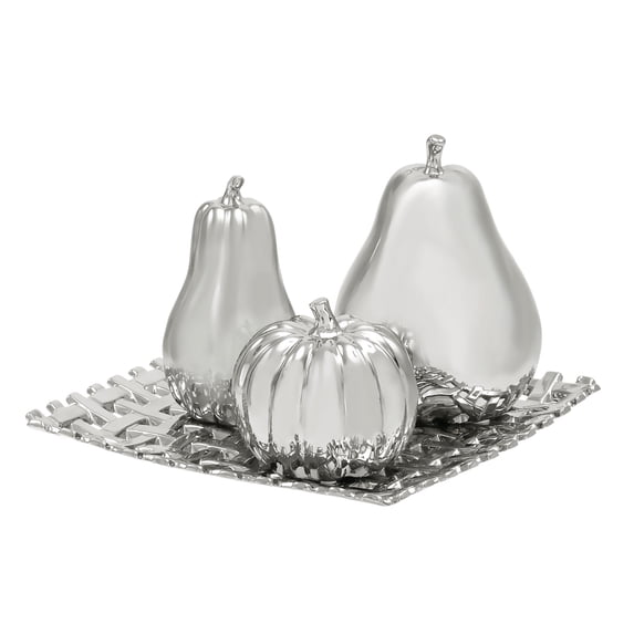Silver Ceramic Fruit Pear, Pumpkin, and Squash Decorative Sculpture with Decorative Grid Plate, Set of 4 12"W, 9"H by DecMode