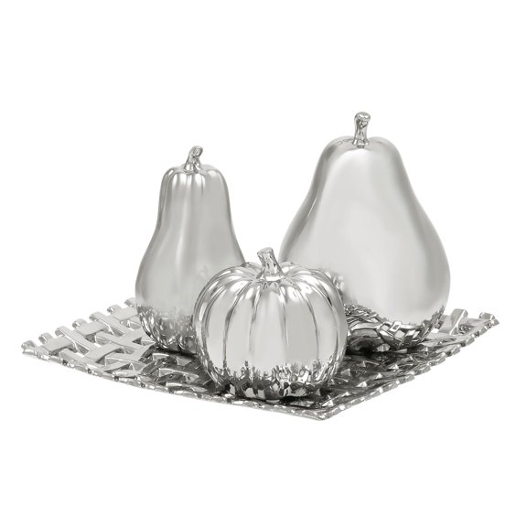 Silver Ceramic Fruit Pear, Pumpkin, and Squash Decorative Sculpture with Decorative Grid Plate, Set of 4 12"W, 9"H by DecMode