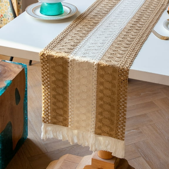 12" W*70" L Boho Macrame Table Runner ,Cotton Linen Bicolor Stitching Tassel Table Cloth ​For Farmhouse Wedding Dining Table Decor