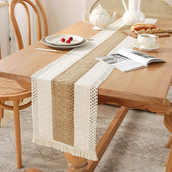 12" W*70" L Boho Macrame Table Runner ,Cotton Linen Bicolor Stitching Tassel Table Cloth ​For Farmhouse Wedding Dining Table Decor