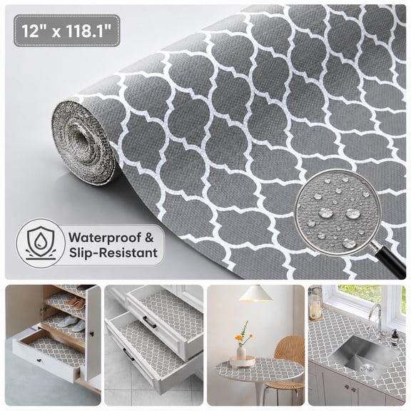 Genreen 12" x 118.1" Shelf Liner Drawer Liner for Kitchen Cabinet Non Adhesive, Strong Grip Anti Slip Cabinet Liners for Shelves, Durable Waterproof Cupboard Liner, Gray