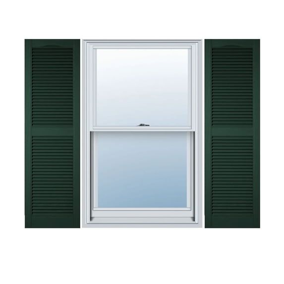12"W x 25"H Lifetime Vinyl, Standard Cathedral Top Center Mullion, Open Louver Shutters, w/Installation Shutter-Lok's & Matching Screws (Per Pair), Midnight Green