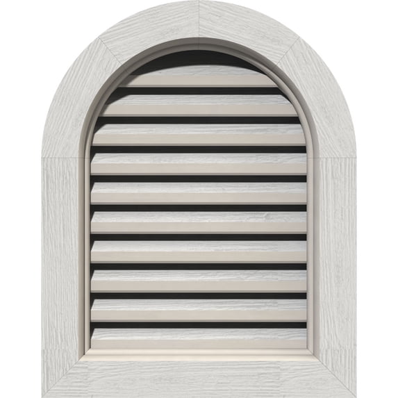 12"W x 30"H Round Top Gable Vent (17"W x 35"H Frame Size): Primed, Functional, Rough Sawn Western Red Cedar Gable Vent w/ Brick Mould Face Frame