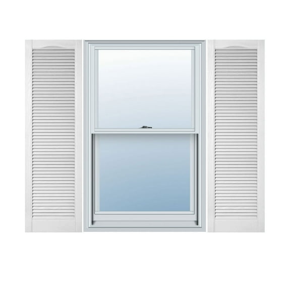 12"W x 33"H Lifetime Vinyl, Custom Cathedral Top All Louver, Open Louver Shutters, w/Shutter-Loks (Per Pair), Bright White