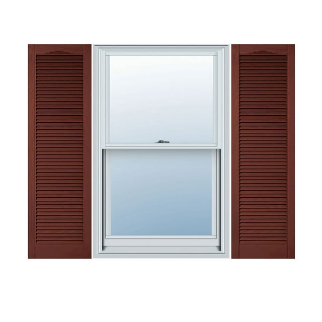 12"W x 35"H Lifetime Vinyl, Custom Cathedral Top All Louver, Open Louver Shutters, w/Shutter-Loks (Per Pair), Burgundy Red